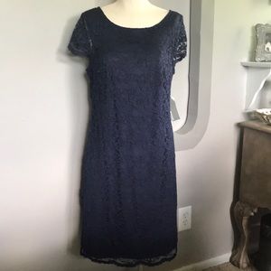Navy lace capped sleeve dress